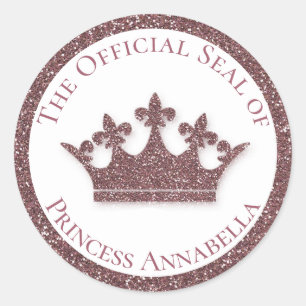 Pink Glitter Princess Crown Custom Name Classic Round Sticker