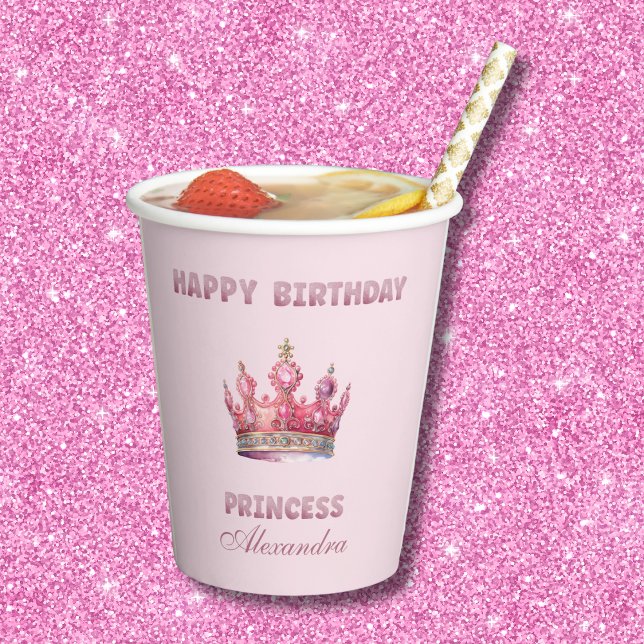 Pink Glitter Princess Crown Fairytale Birthday Paper Cups (Creator Uploaded)