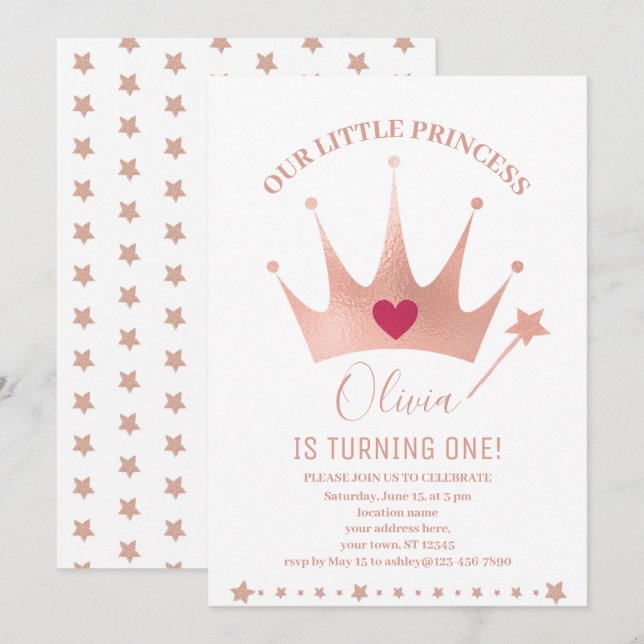 Pink Glitter Princess Crown Watercolor Birthday  Invitation (Front/Back)