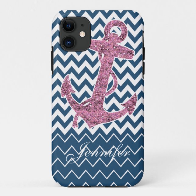 Pink Glitter Print Anchor Nautical Navy Blue Case (Back)
