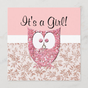 Pink Glitter (printed) Baby Owl Shower Invitation
