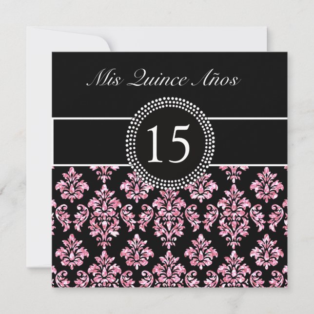 PINK GLITTER PRINTED, BLACK DAMASK QUINCEANERA INVITATION (Front)