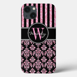 Pink Glitter Printed Black Damask Your Name iPhone 13 Case