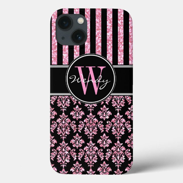 Pink Glitter Printed Black Damask Your Name Case-Mate iPhone Case (Back)