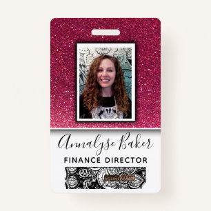 Pink Glitter Professional Employee Photo Name ID Badge
