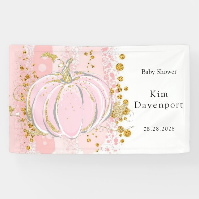 Pink Glitter Pumpkin Girl Baby Shower  Banner (Horizontal)