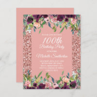 Pink Glitter Purple Floral 100th Birthday