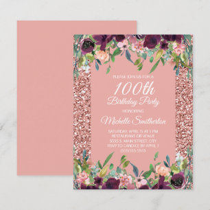 Pink Glitter Purple Floral 100th Birthday Card