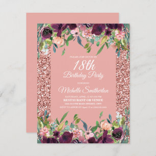 Pink Glitter Purple Floral 18th Birthday Card