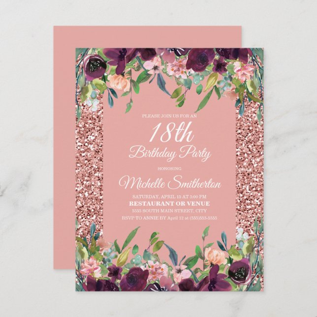 Pink Glitter Purple Floral 18th Birthday Card (Front/Back)
