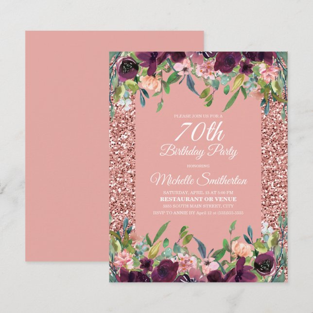 Pink Glitter Purple Floral 70th Birthday Card (Front/Back)