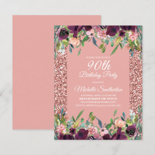 Pink Glitter Purple Floral 90th Birthday Card