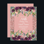 Pink Glitter Purple Floral Girl's 16th Birthday Card<br><div class="desc">Elegant pink glitter and purple floral 16th birthday party invitation for girls.   Contact us for help with customisation or to request matching products.</div>