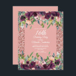 Pink Glitter Purple Floral Girl's 16th Birthday Card<br><div class="desc">Elegant pink glitter and purple floral 16th birthday party invitation for girls.   Contact us for help with customisation or to request matching products.</div>