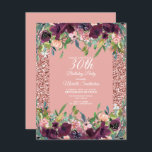 Pink Glitter Purple Floral Women's 30th Birthday Card<br><div class="desc">Elegant pink glitter and purple floral 30th birthday party invitation for women.   Contact us for help with customisation or to request matching products.</div>