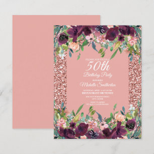 Pink Glitter Purple Floral Women's 50th Birthday Card