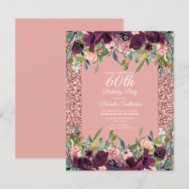Pink Glitter Purple Floral Women's 60th Birthday Card (Front/Back)