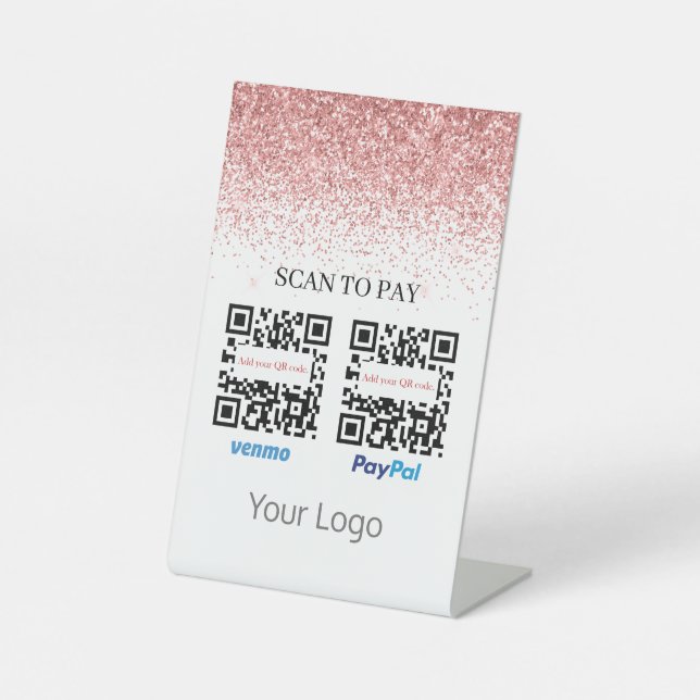 Pink Glitter QR Code Scan to Pay Your Logo Pedestal Sign (Front)