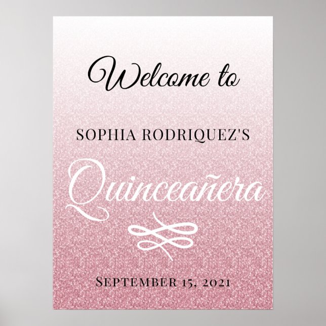 Pink Glitter Quinceañera 15th Birthday Welcome Pos Poster (Front)