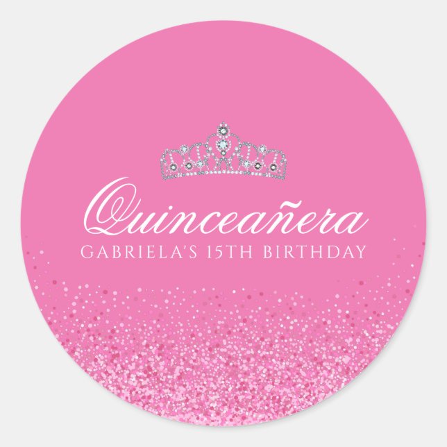 Pink Glitter Quinceanera Classic Round Sticker (Front)