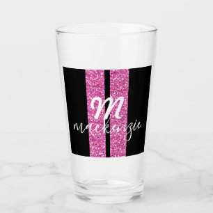 Pink Glitter Racing Stripe Girly Monogram Glass