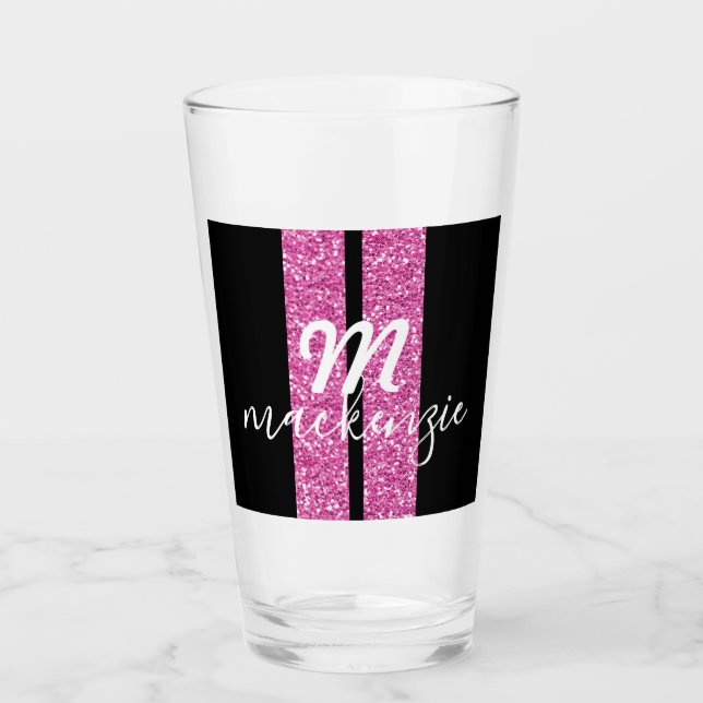 Pink Glitter Racing Stripe Girly Monogram Glass (Front)
