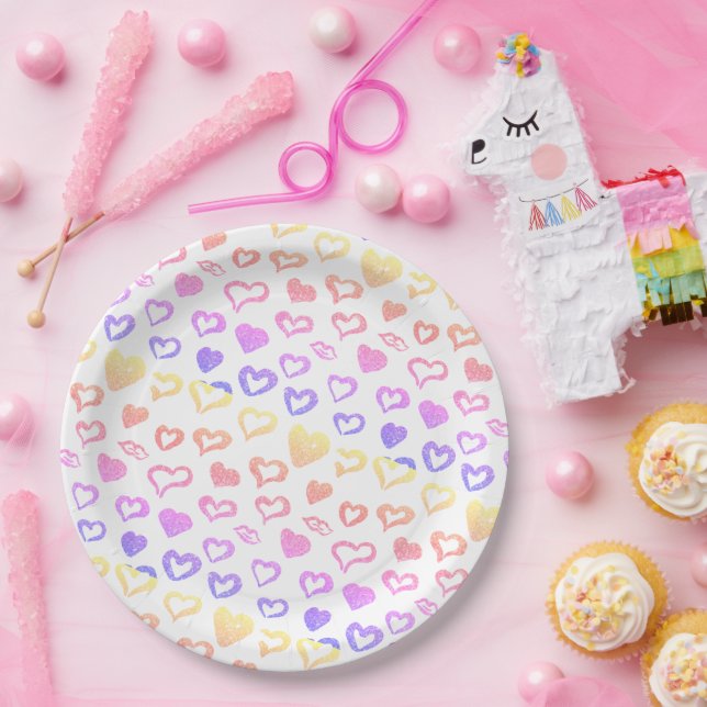 Pink Glitter Rainbow Hearts Paper Plate (Party)