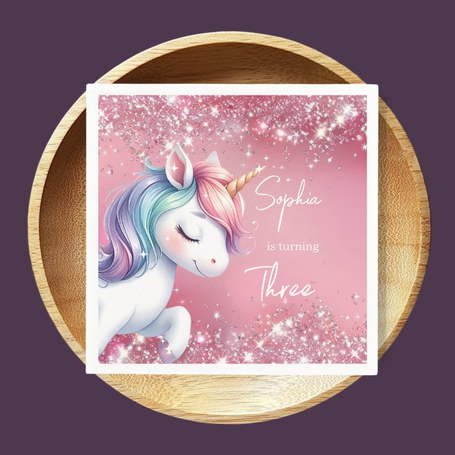 Pink Glitter Rainbow Unicorn Birthday Napkin (Creator Uploaded)