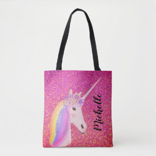 Pink Glitter Rainbow Unicorn Personalised Girls Tote Bag
