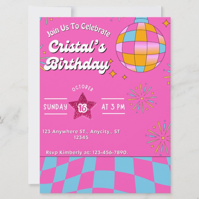 Pink Glitter Retro Doll Birthday Party Invitation (Front)