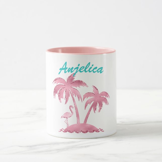 Pink Glitter Retro Flamingo and Palm Trees Mug (Center)