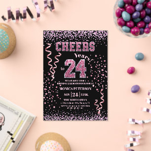 Pink Glitter Rhinestones 24th Birthday Party Acrylic Invitations