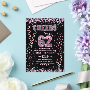 Pink Glitter Rhinestones 62nd Birthday Party Acrylic Invitations