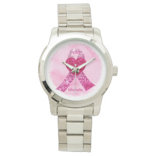 Pink Glitter Ribbon Breast Cancer Personalizd Watch