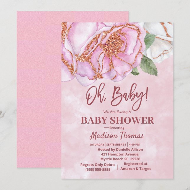 Pink Glitter Rose Girls Baby Shower Invitation (Front/Back)