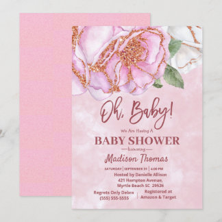 Pink Glitter Rose Girls Baby Shower Invitation