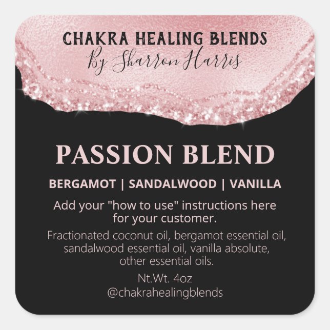 Pink Glitter Rose Gold Agate Passion Blend Labels (Front)