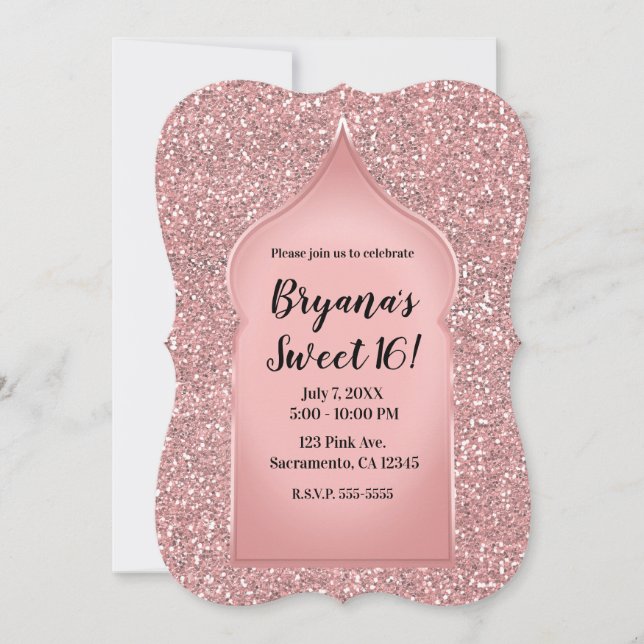 Pink Glitter Rose Gold Glam Chic Birthday Party Invitation (Front)