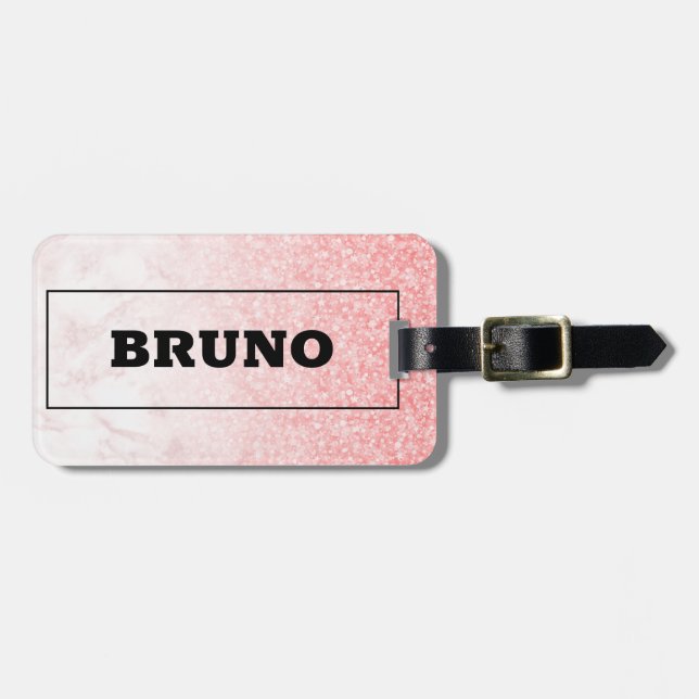 Pink glitter rose-gold marble ombre luggage tag (Front Horizontal)
