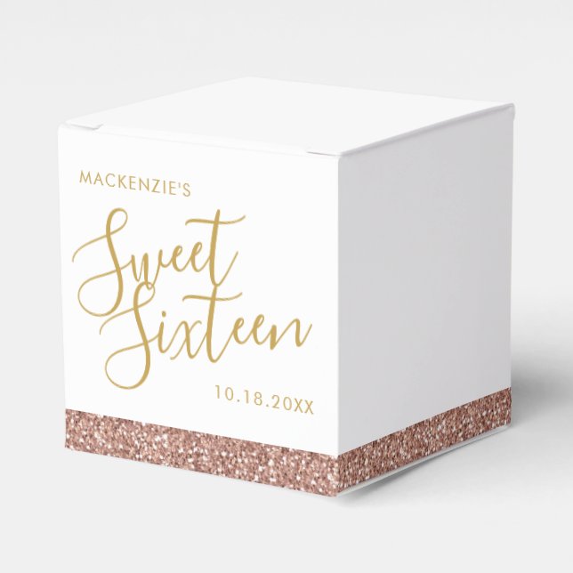Pink Glitter Rose Gold Modern Sweet 16 Custom Favour Box (Front Side)