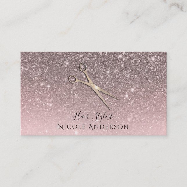 Pink Glitter Rose Gold Salon Stylist Scissors Business Card (Front)
