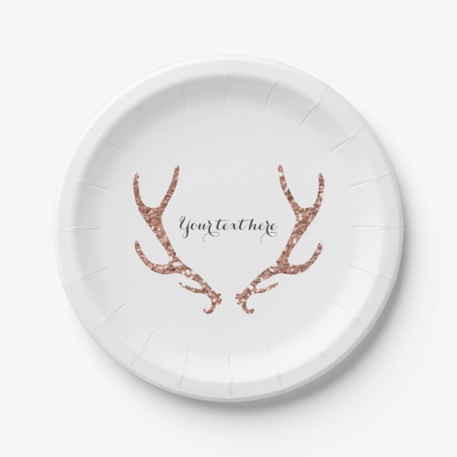 Pink Glitter Rustic Antlers Woodsy Glam Chic Party Paper Plate (Front)