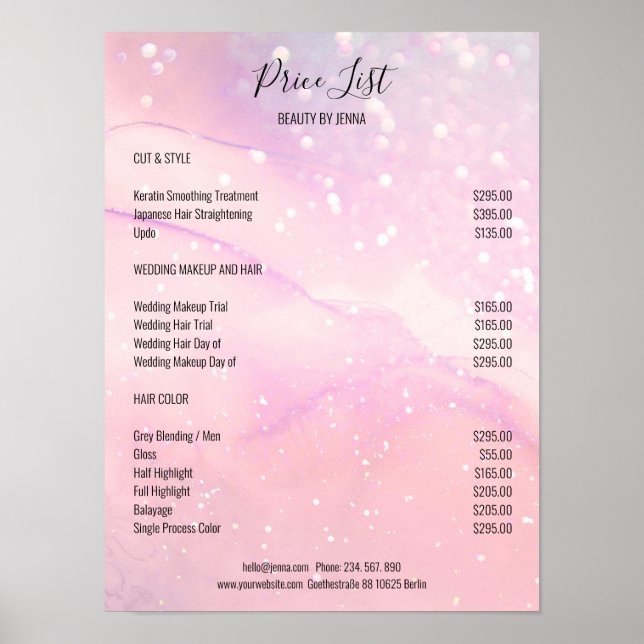 Pink Glitter Salon Price Lists Poster (Front)