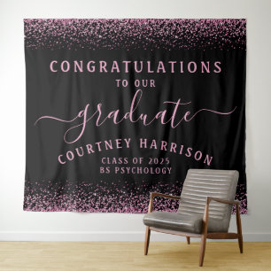 Pink Glitter Script Calligraphy Black Graduation Tapestry