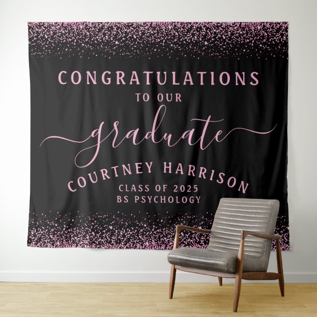 Pink Glitter Script Calligraphy Black Graduation Tapestry (In Situ (Horizontal))