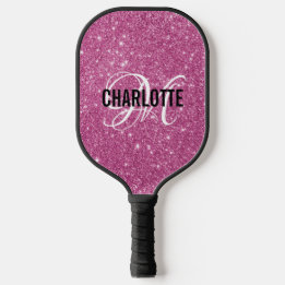 Pink glitter script monogram name pickleball paddle