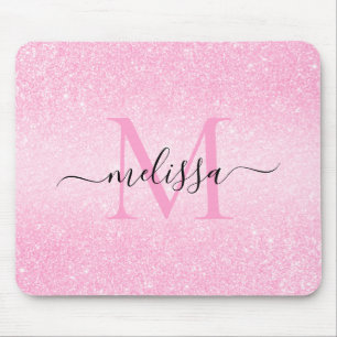 Pink Glitter Script Name Monogram Mouse Pad