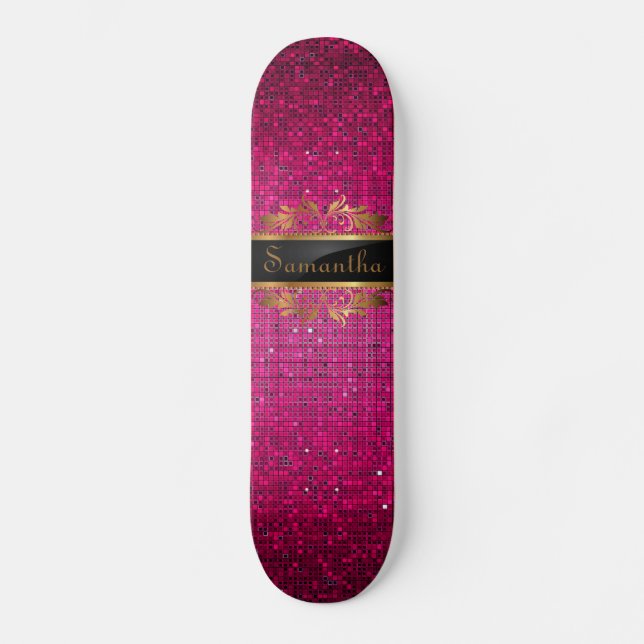 Pink Glitter Sequin Disco Glitz Comp Skateboard (Front)