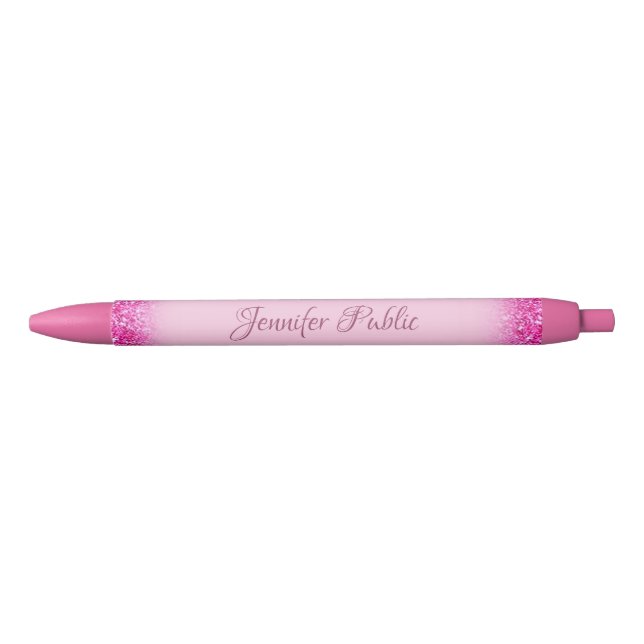 Pink Glitter Shiny Personalised Name Template Black Ink Pen (Front)