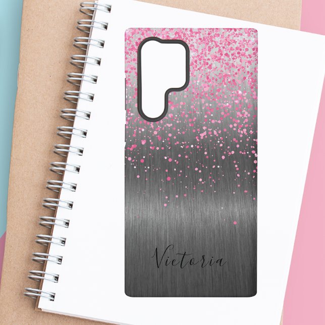 Pink Glitter Silver Metal Personalised Glam Samsung Galaxy S22 Ultra Case (Creator Uploaded)